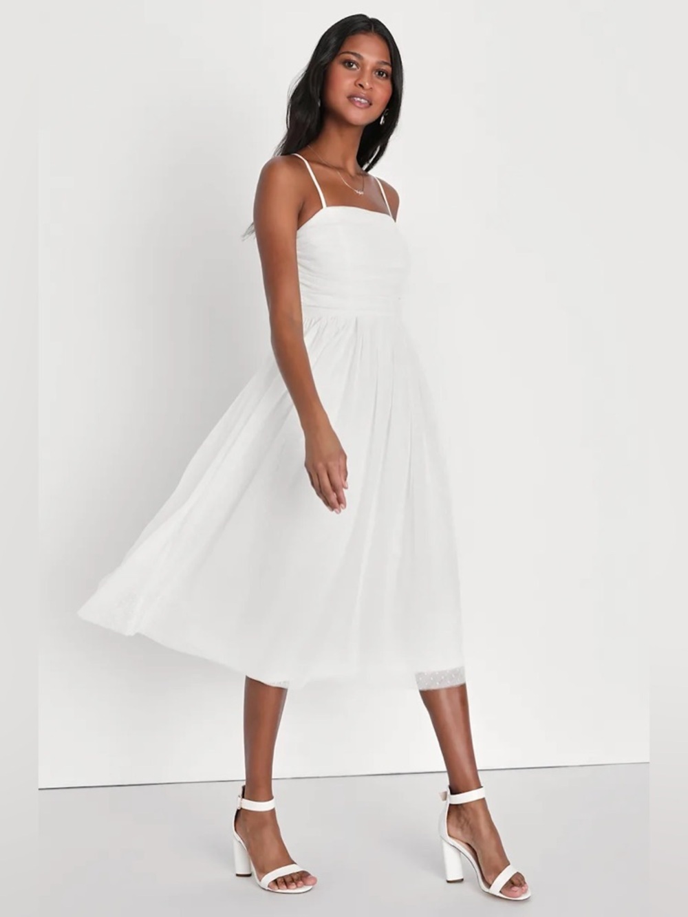 Lulu's White Tulle Swiss Dot Midi Dress Small